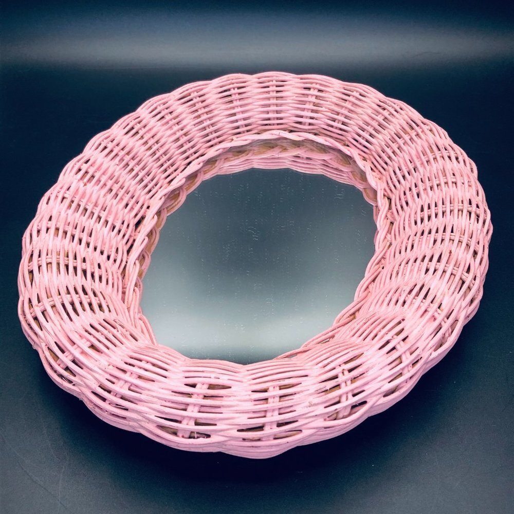 80s Pink Woven Wicker Oval Mirror Vintage Girly Bedroom Retro Wall Decor - Picture 4 of 10